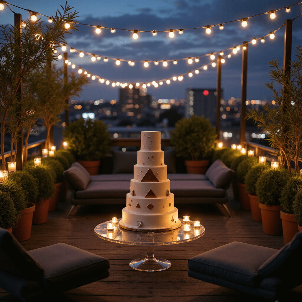 Intimate rooftop terrace at twilight featuring a modern geometric wedding cake on an acrylic stand, surrounded by low charcoal velvet lounge furniture, with potted olive trees and greenery, illuminated by Edison bulbs and candles against a twinkling cityscape.