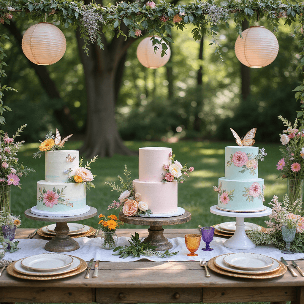 A whimsical garden party with a trio of pastel-hued cakes on mismatched vintage cake stands, surrounded by wildflowers, on wooden farm tables with French linen runners, eclectic place settings, gold-rimmed plates, colorful glassware, and decorated with paper lanterns and floral swags, captured from an overhead view.