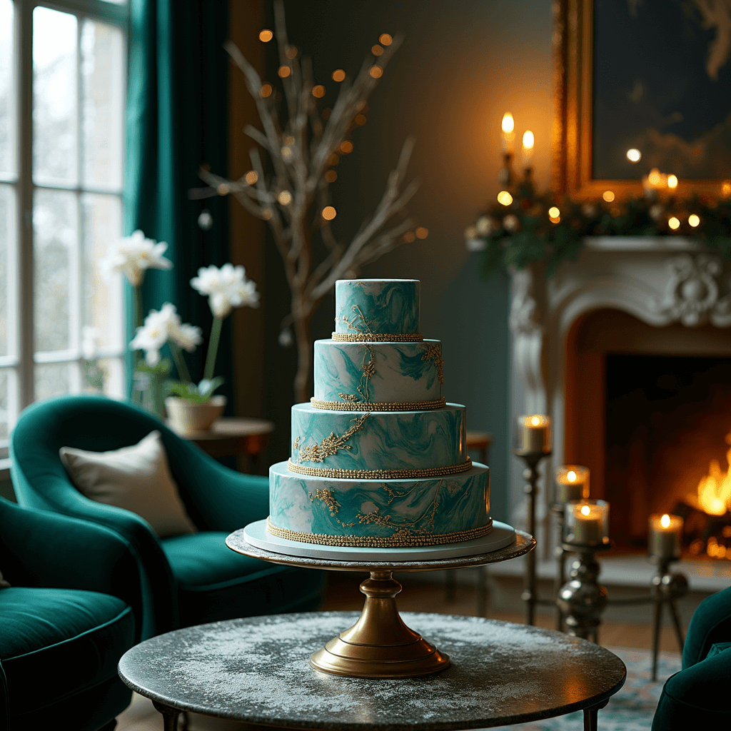 A cozy living room beautifully decorated for a winter celebration, featuring a luxurious 4-tier marble-effect cake with gold leaf accents on an antique brass stand, surrounded by plush velvet armchairs and low tables with mercury glass candle holders and white amaryllis flowers, all illuminated by a crackling fireplace, with snow gently falling outside the floor-to-ceiling windows, in a rich jewel tone color scheme.