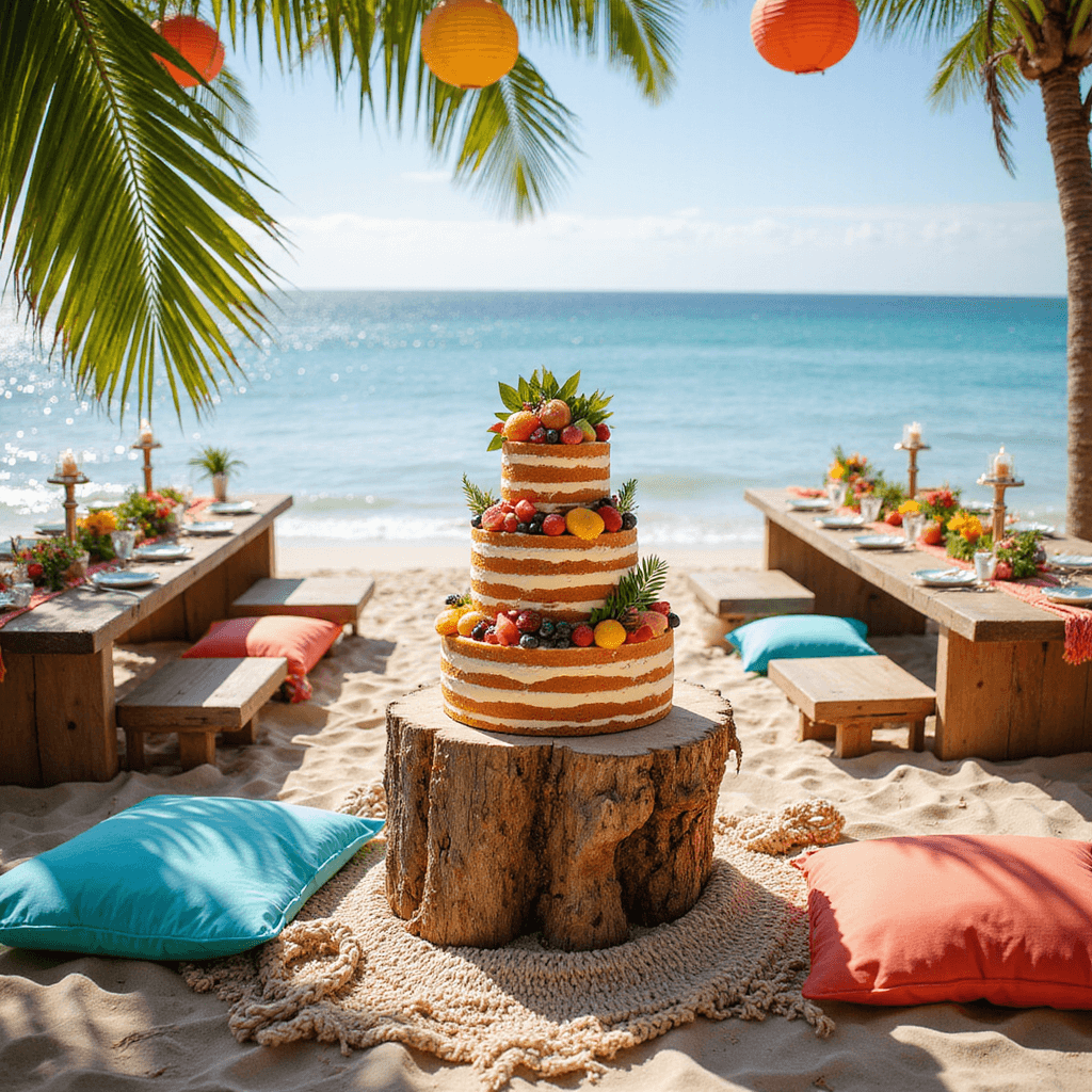 A vibrant beachfront celebration featuring a playful naked cake topped with fresh tropical fruits and flowers on a driftwood stand, surrounded by rustic picnic setups with low tables, colorful cushions, and macramé runners, framed by tiki torches, palm fronds, and paper lanterns, set against a sparkling ocean backdrop in bold coral, turquoise, and sunny yellow hues.
