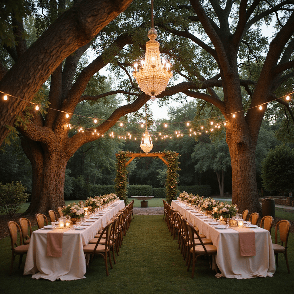 A twilight backyard wedding scene with golden hour light, featuring fairy lights strung between oak trees, long wooden tables with blush pink and cream linens, lush garden roses in antique brass vases, vintage crystal chandeliers, and a rustic wooden arch draped in climbing roses and ivy. Backyard Wedding Ideas