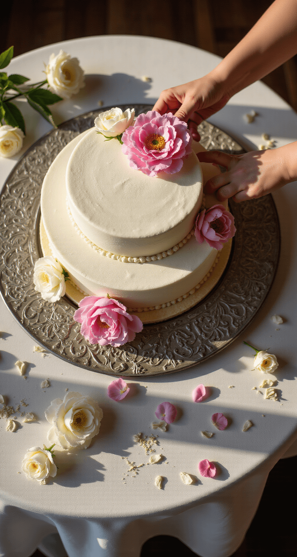 Dramatic overhead shot of a three-tiered white wedding cake on a silver stand, surrounded by fresh pink peonies, cream roses, and white hydrangeas, with golden afternoon light casting gentle shadows, capturing the final decoration moment before a pink peony is placed.