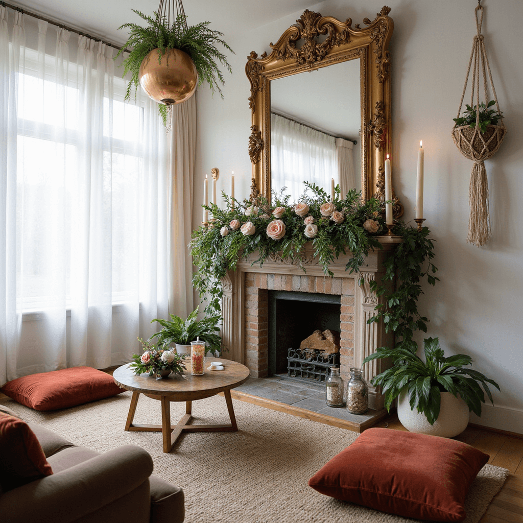 An intimate living room transformed for a micro-wedding, featuring a fireplace adorned with cascading florals and candles, low tables with plush velvet cushions in jewel tones, and whimsical decor like macramé plant holders and oversized metallic balloons, all illuminated by soft morning light.