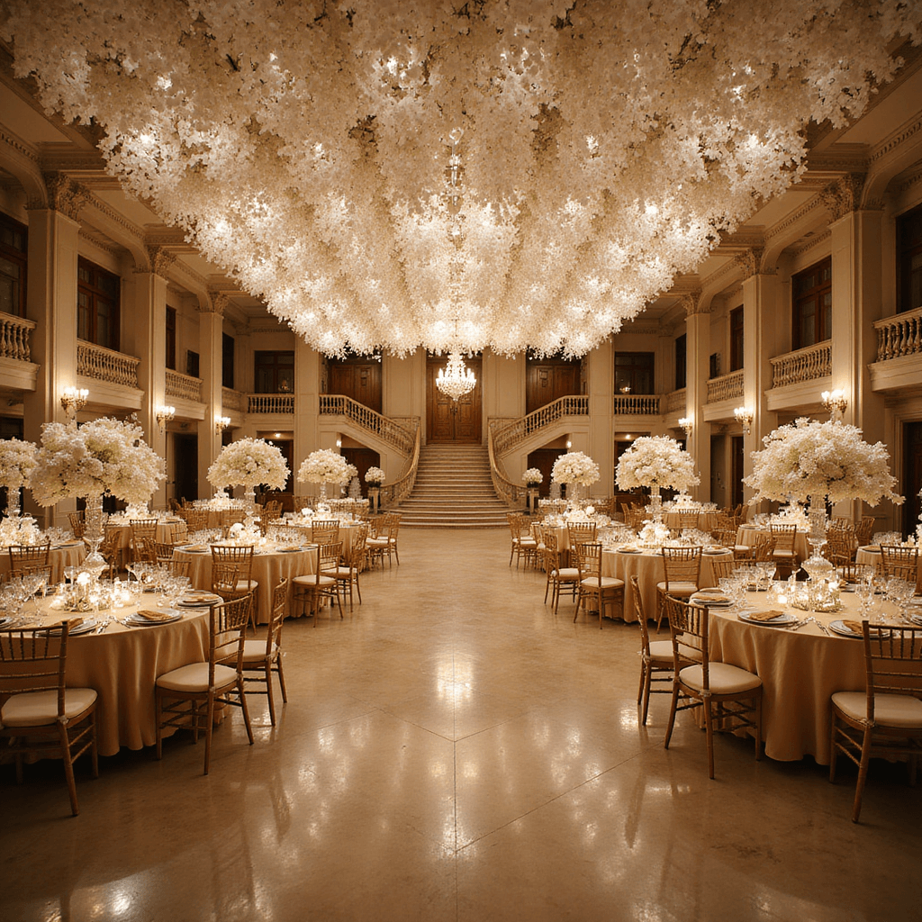 A luxurious grand ballroom wedding reception at dusk, featuring soaring ceilings, crystal chandeliers, champagne silk-draped tables with white and gold floral centerpieces, a multi-tiered wedding cake display on a sweeping staircase, and soft uplighting illuminating a marble dance floor adorned with a ceiling installation of fresh white orchids.