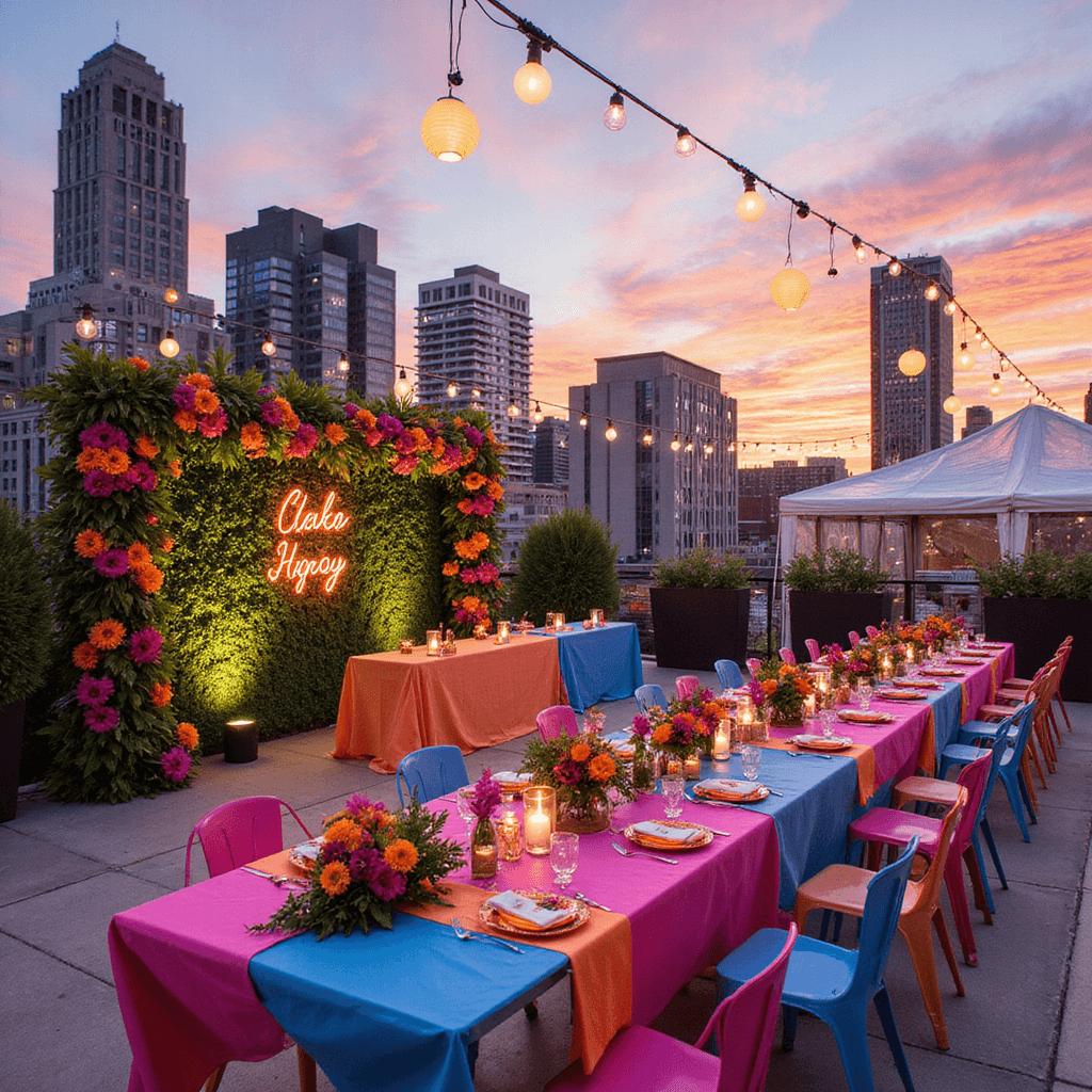 A vibrant rooftop wedding at sunset featuring skyscrapers, a lush floral ceremony backdrop, long acrylic tables with bold color-blocked florals, copper lanterns, neon signs, and a clear tent with paper lanterns and string lights.