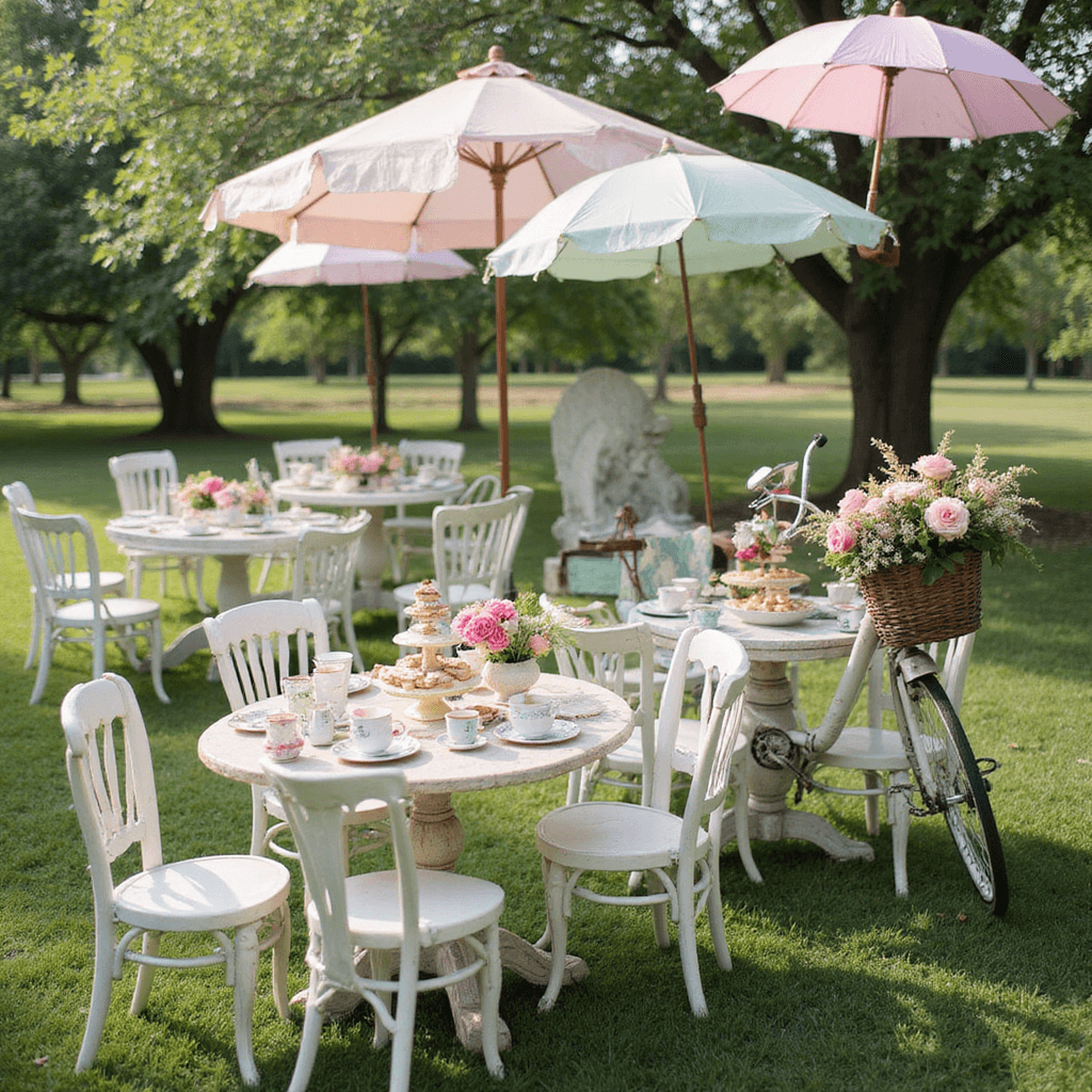 A whimsical outdoor wedding tea party set in a sun-dappled orchard, featuring mismatched vintage tables adorned with antique teacups filled with pastel flowers, tiered cake stands with sweet treats, colorful parasols overhead, and a vintage bicycle with a wildflower basket as a backdrop.