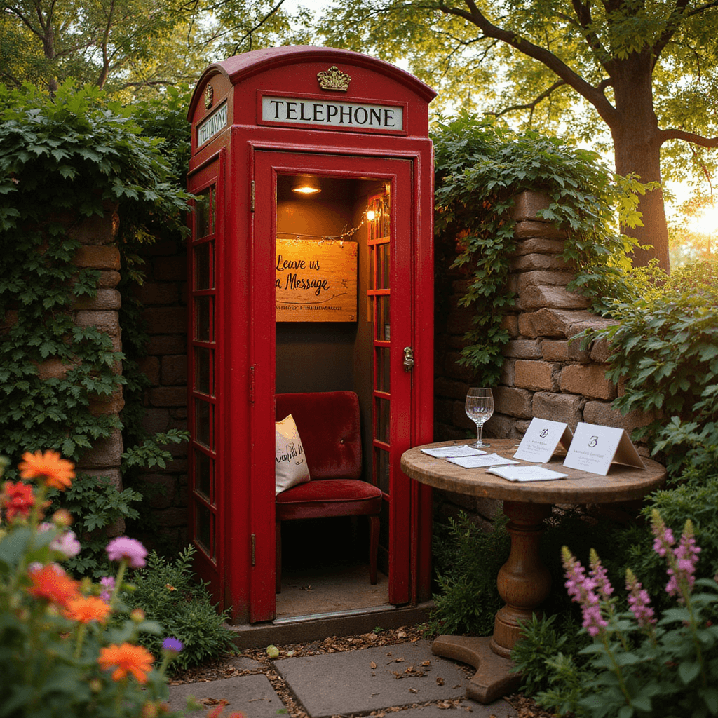 A vintage red telephone booth transformed into a romantic recording booth, nestled in a secluded garden nook illuminated by golden hour sunlight, surrounded by fairy lights, plush velvet seating, and a rustic wooden table with heartfelt prompt cards among colorful wildflowers and ivy-covered stone walls.