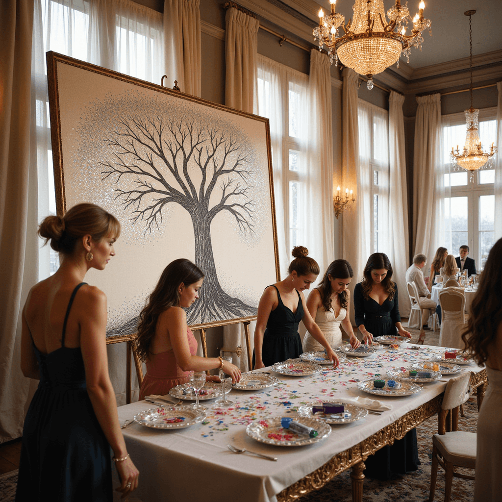 An elegant ballroom with a floor-to-ceiling thumbprint tree artwork in shimmering silver, illuminated by soft evening light from tall windows. Guests in evening wear add their thumbprints to a massive canvas framed in ornate gold. A mirrored table displays crystal dishes of colorful ink pads and delicate hand towels, surrounded by twinkling chandeliers and draped ivory silk for a luxurious atmosphere.