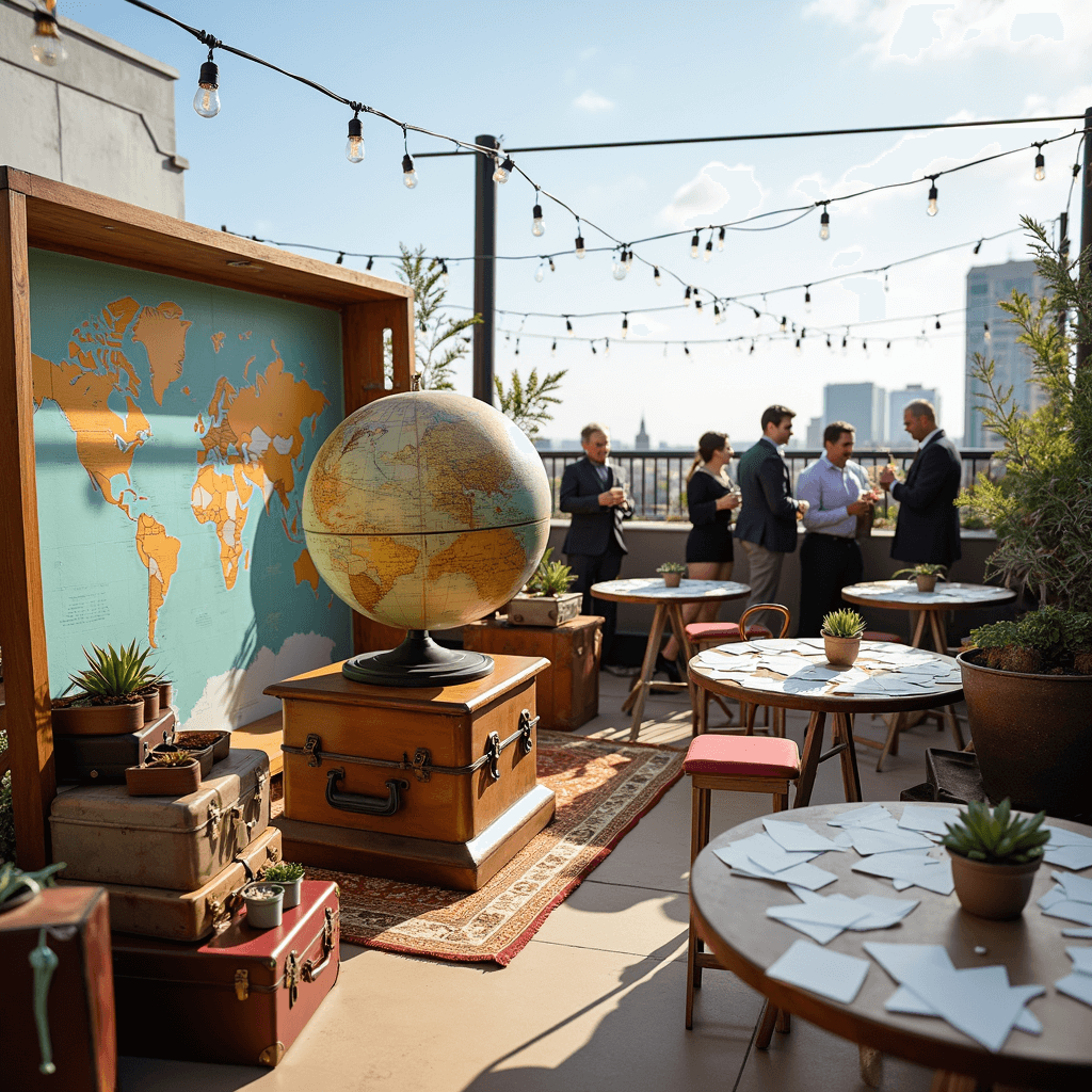 A whimsical rooftop terrace with an oversized antique globe on a wooden stand, surrounded by vintage suitcases filled with handmade paper airplanes. String lights illuminate the scene, potted succulents in tin suitcases decorate cocktail tables, and a backdrop of a world map displays the couple's adventure photos, all set against a cityscape view.