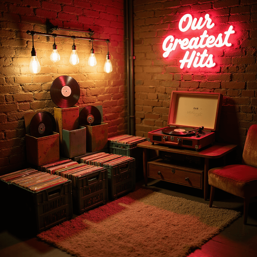 A cozy loft space featuring a vinyl record guest book display, with warm Edison bulb lighting illuminating a mid-century modern record player surrounded by colorful vinyl sleeves. Guests write messages on matte black records with metallic pens, while vintage milk crates showcase the couple's favorite albums. A glowing neon sign reads 'Our Greatest Hits' in rosy light, set against plush velvet seating and a shag rug, all captured in moody, low-light photography.