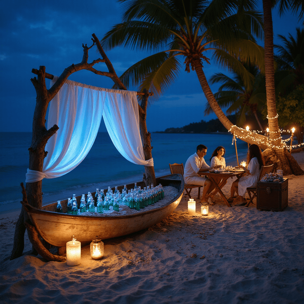 A dreamy moonlit beach scene featuring a driftwood arch draped with white fabric, an antique rowboat filled with glass bottles, guests writing on parchment at a weathered table, and tiki torches illuminating a path to the water's edge, all under twinkling fairy lights.