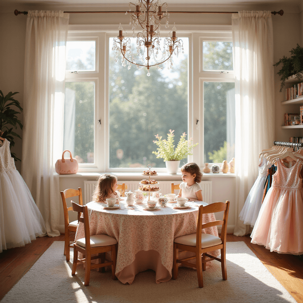 A whimsical toddler tea party in a cozy living room with soft morning light, featuring a round table with a pastel pink lace tablecloth, child-sized chairs, delicate floral teacups, and enchanting decorations like tulle streamers and fairy lights. A dress-up corner with princess dresses, hats, and superhero capes adds to the childhood wonder.
