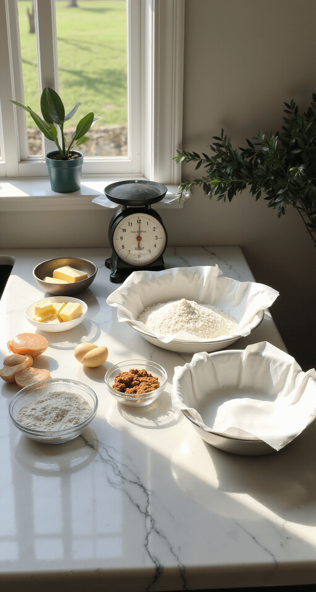 Simple Wedding Cake: Your Perfect DIY Celebration Centerpiece A sunlit kitchen with a marble countertop featuring neatly arranged baking ingredients, including room temperature eggs, softened butter, and measured flour in glass bowls, alongside a kitchen scale and parchment-lined cake pans.