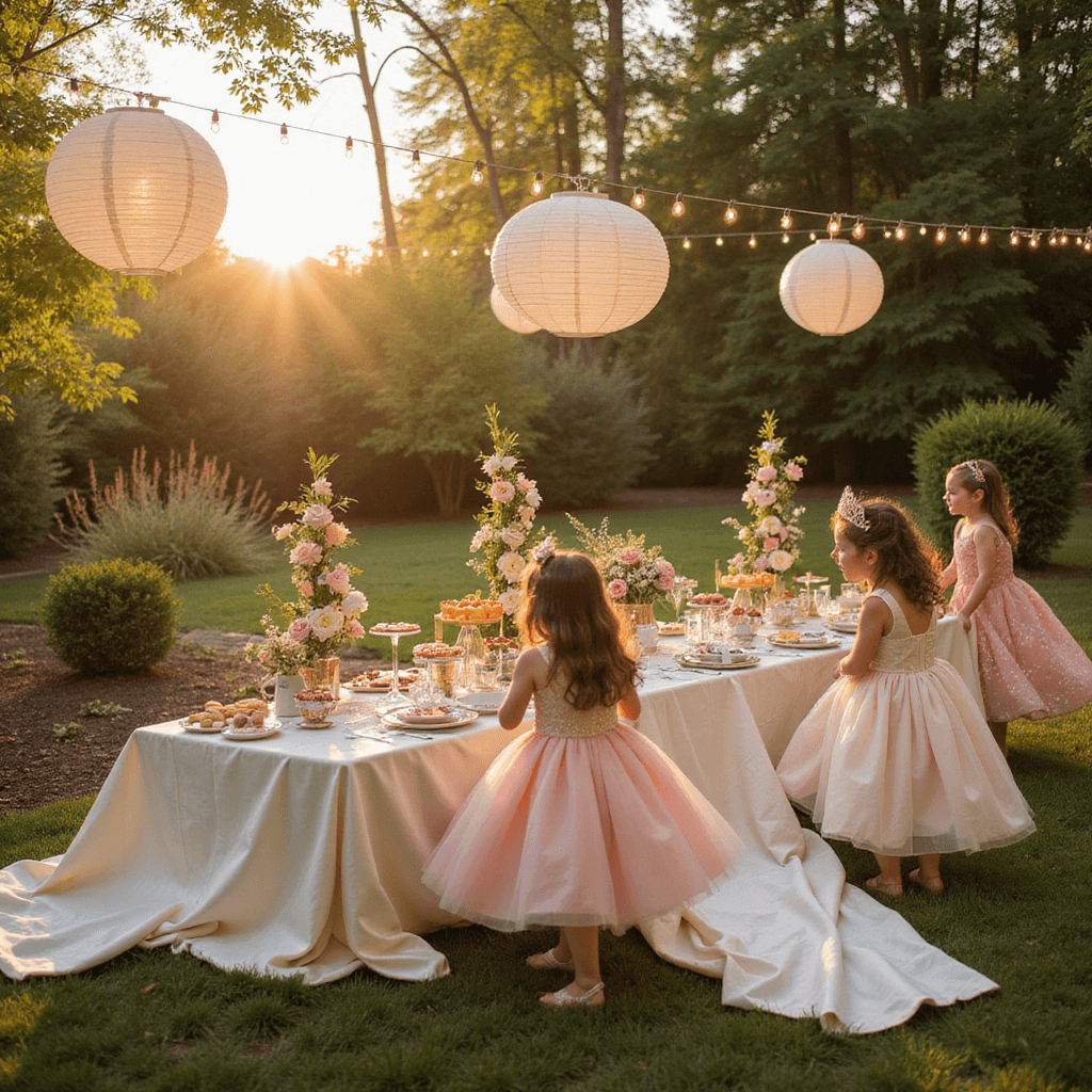 An enchanting backyard garden transformed into a princess tea party, featuring a long table with shimmering ivory silk, vintage china, and an array of delightful treats, surrounded by towering floral centerpieces and swaying paper lanterns, as toddlers in tiaras and gowns twirl on a runway under a golden sunset.