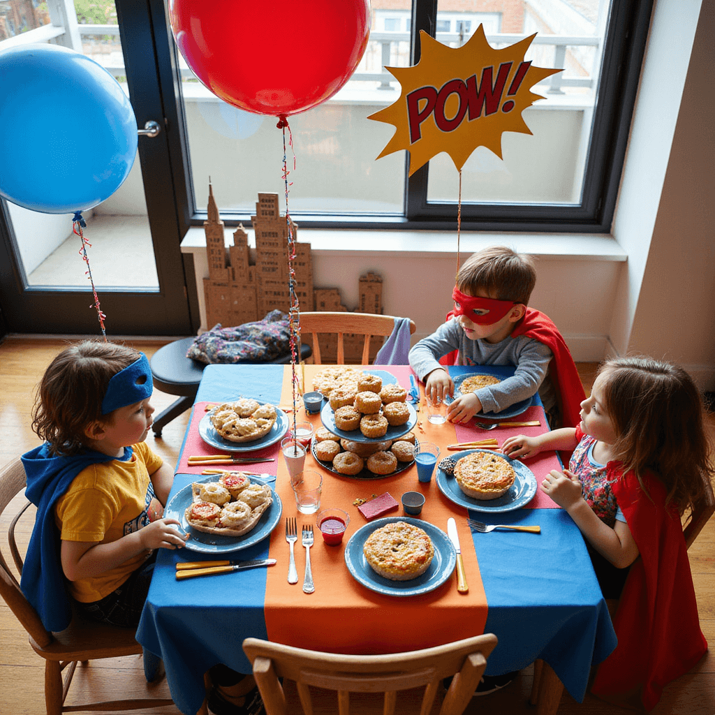 A colorful dining nook transformed into a superhero-themed tea party for toddlers, featuring a bright table with comic book-inspired decor, snacks arranged to spell 'POW!', and kids in capes enjoying the sunny space.