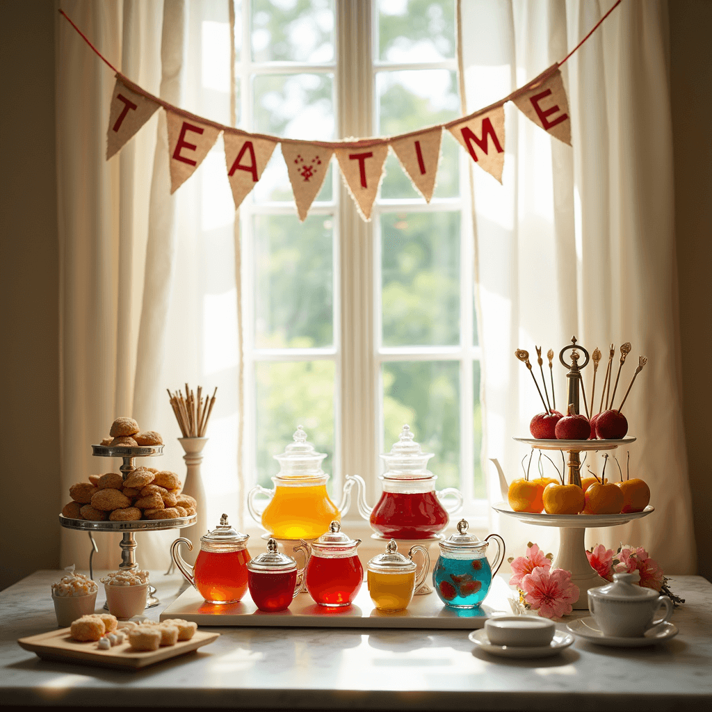 A cozy indoor tea party setup with a marble countertop displaying colorful teapots filled with fruit juices, sugar cubes, and cookie stirrers. Soft curtains filter light, and a 'TEA TIME' bunting hangs above. A nearby activity station features crown decorating supplies, captured in a close-up highlighting the textures of the glassware and whimsical decor.