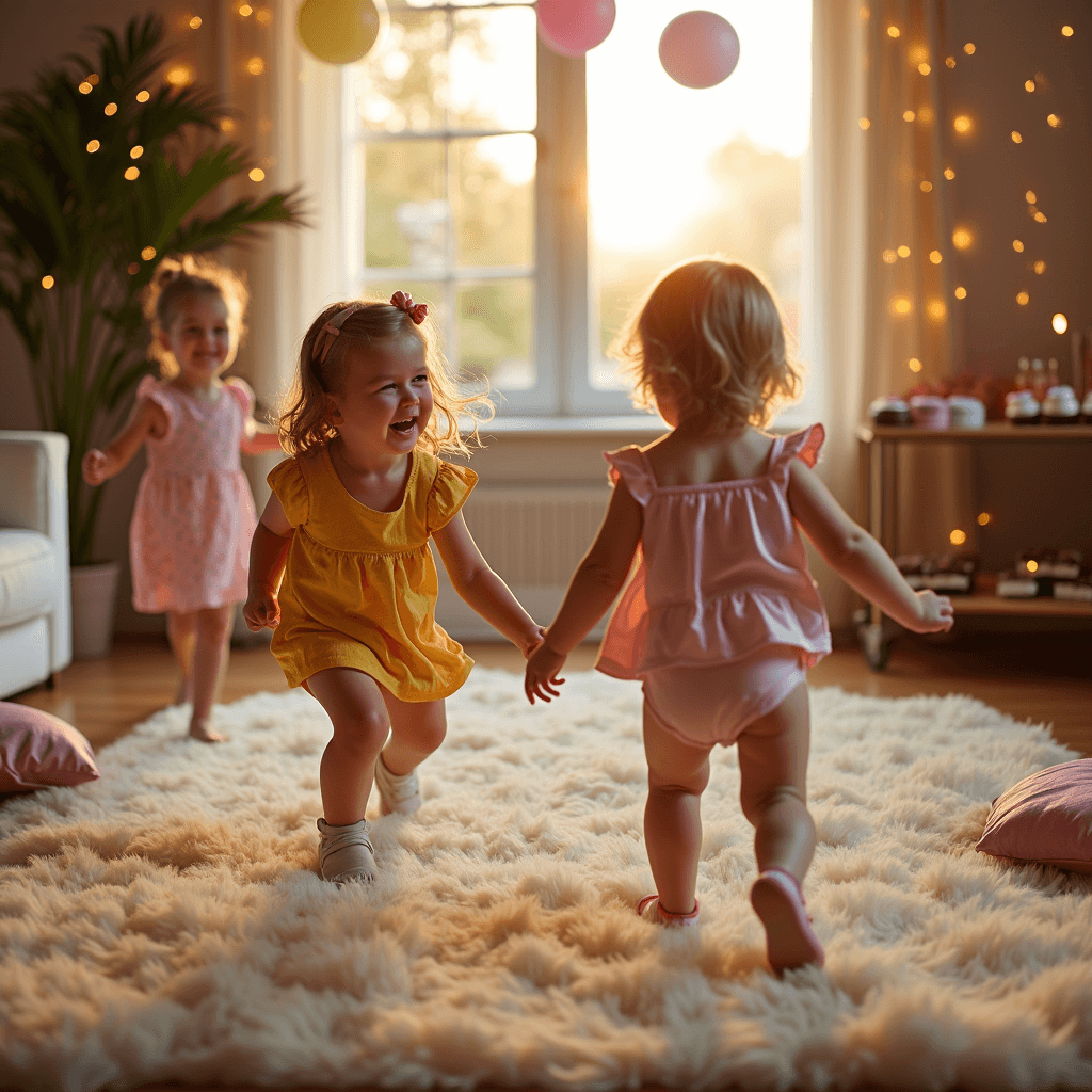 A whimsical tea party scene in a beautifully decorated living room at dusk, with toddlers playing a sugar cube relay on a plush cream rug surrounded by fairy lights and pastel balloons, while a dessert cart brims with mini muffins and brownies.