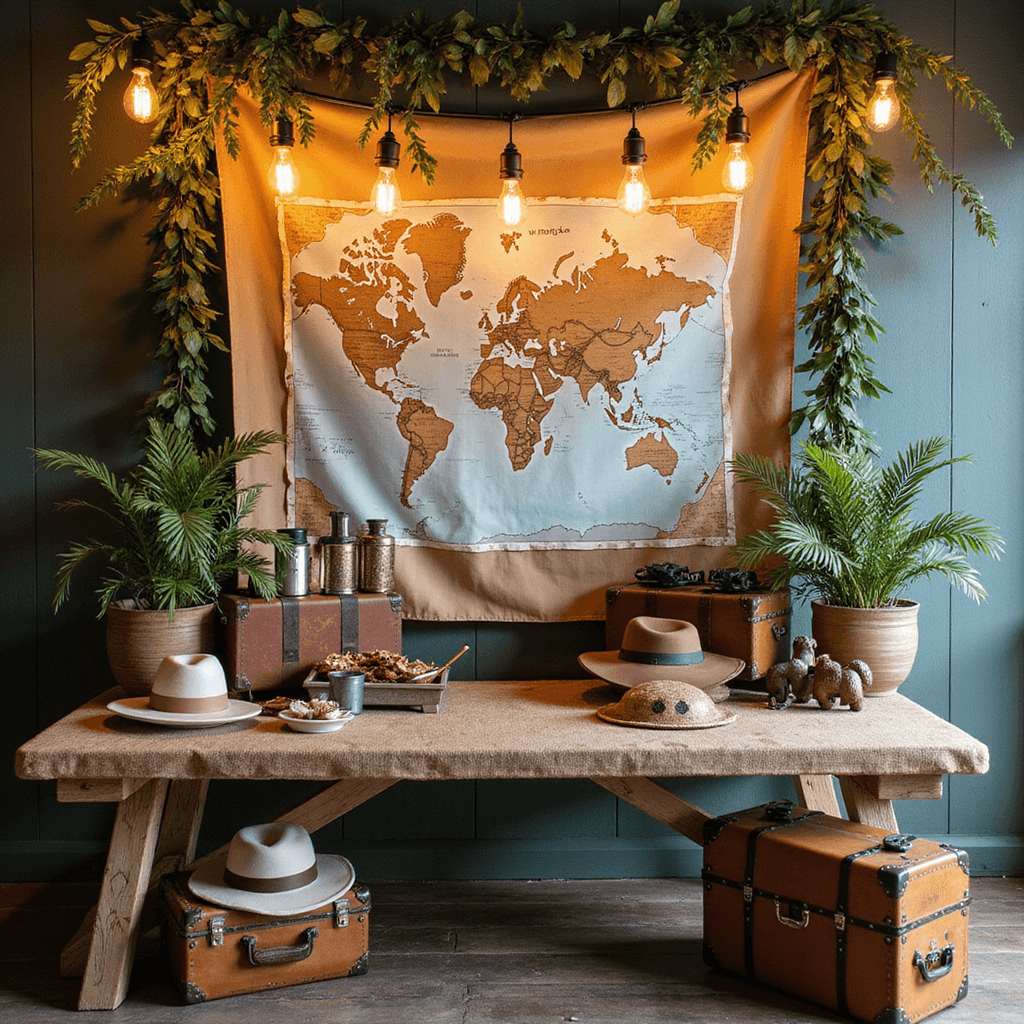Wild One: The Ultimate First Birthday Bash for Little Explorers Close-up of a beautifully styled adventure station for a Wild One birthday celebration, featuring a rustic wooden table with explorer vests, binoculars, and safari hats, vintage suitcases filled with dress-up items, a hand-painted map backdrop, and warm Edison bulb lighting illuminating burlap, leather, and canvas textures, with greenery and small animal figurines scattered throughout.