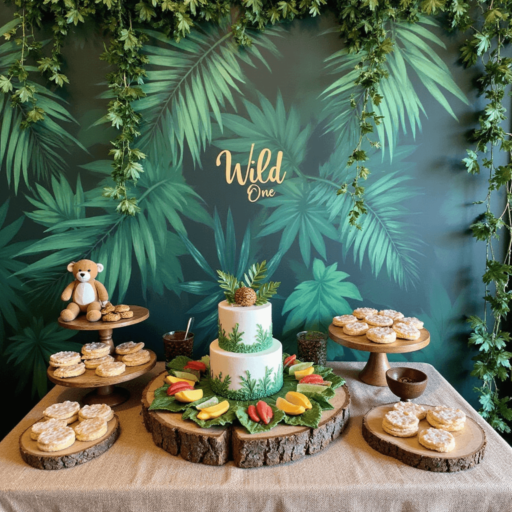 Wild One: The Ultimate First Birthday Bash for Little Explorers Overhead view of a 'Wild One' themed dessert table with a tiered jungle smash cake, animal-shaped cookies on wood slices, and a tropical fruit platter, set against a tropical leaf mural, featuring burlap tablecloth, gold accents, and hanging vines.