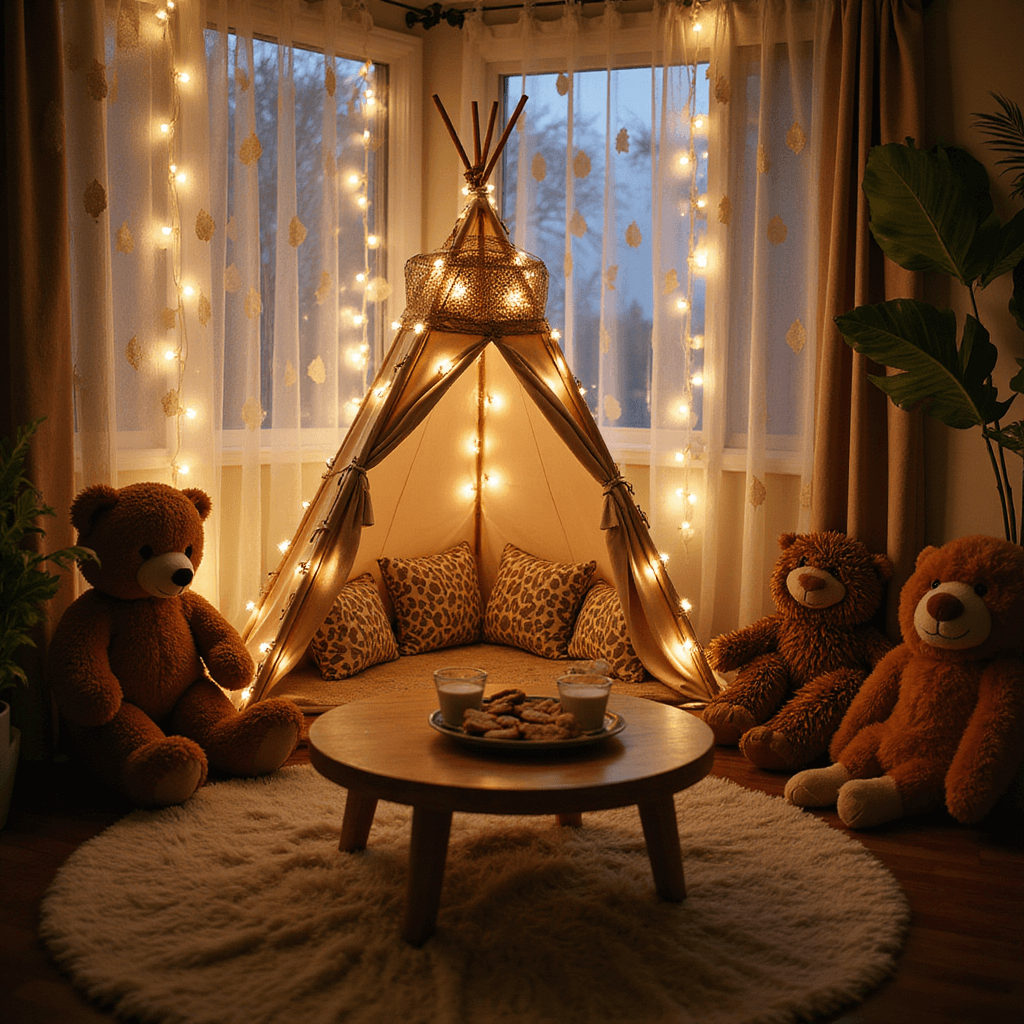 Wild One: The Ultimate First Birthday Bash for Little Explorers A cozy living room corner with a teepee decorated in twinkle lights and jungle-print cushions, surrounded by oversized stuffed animals. Sheer leaf-patterned curtains filter the warm light, and a low table with milk and cookies rests on a plush faux fur rug, creating a dreamy atmosphere for little explorers.