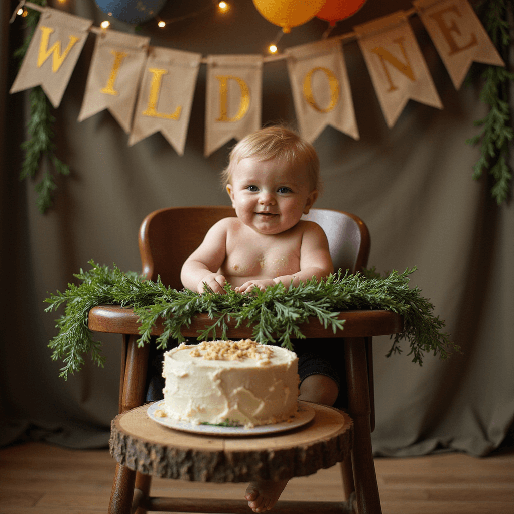 Wild One: The Ultimate First Birthday Bash for Little Explorers A close-up of a birthday high chair adorned with a burlap 'Wild One' banner and a greenery garland, featuring a mini safari-themed smash cake on a wood slice, surrounded by bokeh lights and colorful balloons, capturing the joyful chaos of a one-year-old's celebration.