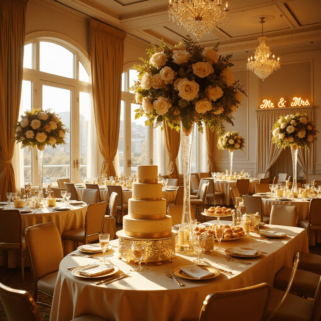 A wide-angle view of an elegant ballroom for a 50th wedding anniversary, featuring gold and ivory decor, round tables with champagne silk linens, white rose centerpieces, crystal chandeliers, a 'Mr. & Mrs.' neon sign, luxurious place settings, and a lavish dessert table with a tiered golden anniversary cake.