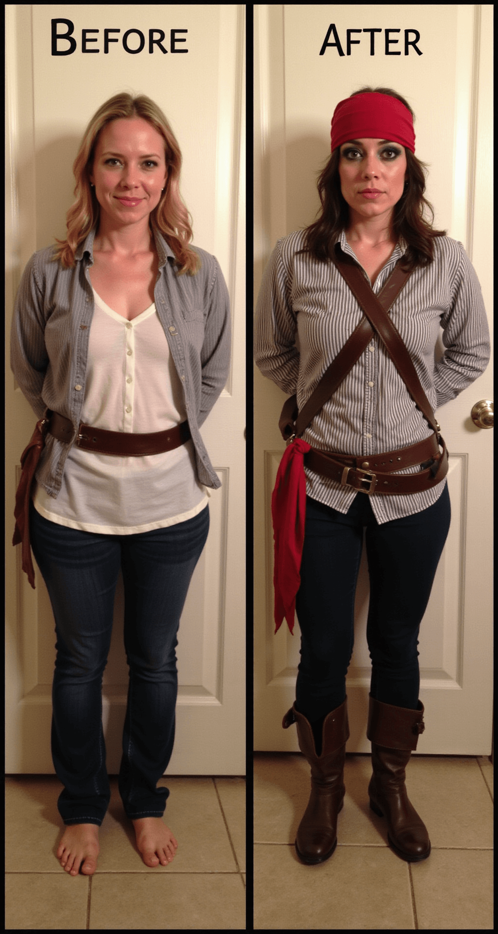 Split-frame image depicting a last-minute pirate transformation in a modern bathroom; the left side features casual clothes, while the right showcases the completed pirate look with a striped shirt, improvised bandana, crossed leather belts, and dramatic eye makeup, all under bright, even lighting.