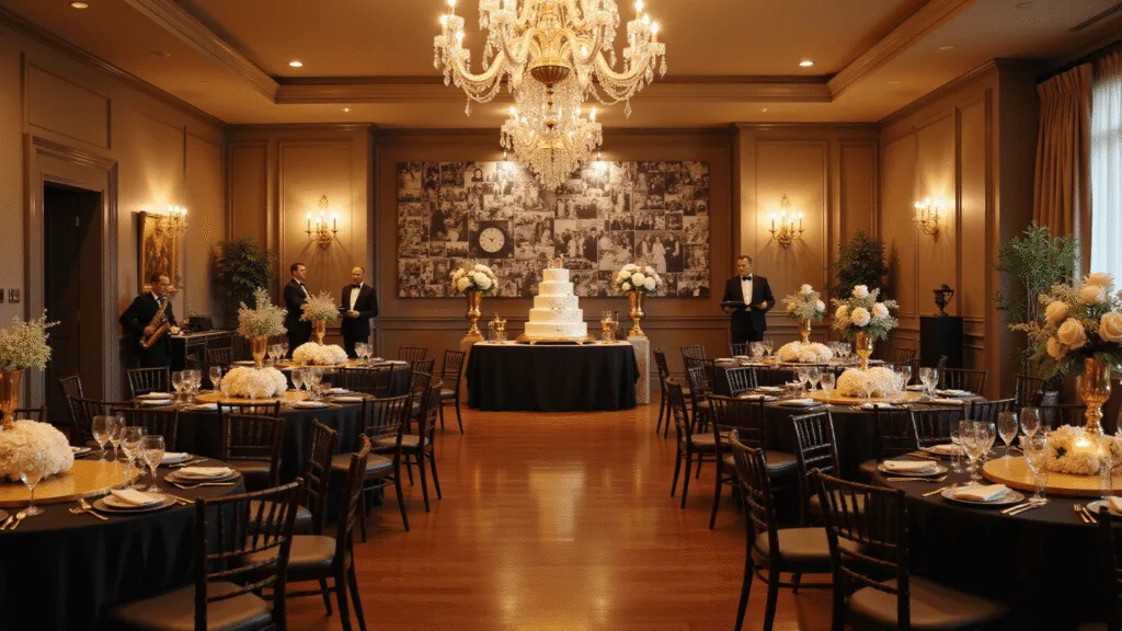 Opulent ballroom set for a 70th birthday celebration, featuring elegant black and gold table settings, crystal chandeliers, a photo timeline, a white three-tiered cake, and a live band, all captured in warm golden hour light.