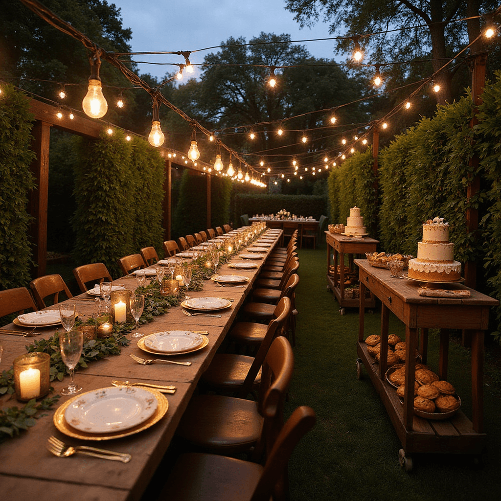 An intimate garden party at dusk, featuring warmly lit string lights, long farmhouse tables with eucalyptus garlands, vintage photo frames, elegant place settings, and a rustic dessert cart under a twilight sky.