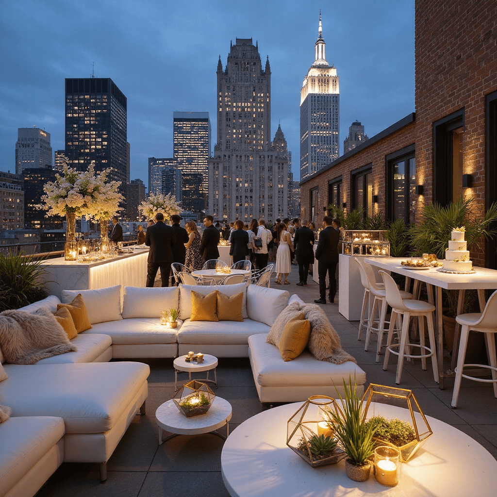 A chic rooftop terrace set for a modern 50th anniversary celebration, featuring sleek white lounge furniture, gold accents, geometric terrariums, a marble bar with floral arrangements, high-top tables with ghost chairs, and a minimalist gold-leaf cake, all illuminated at blue hour with city lights twinkling in the background.