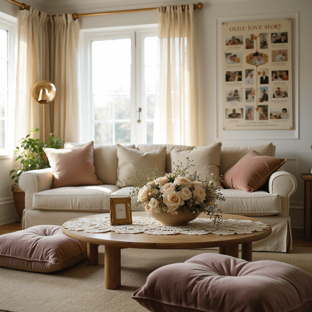 A cozy living room setting for a 50th anniversary gathering, featuring soft morning light, a lace runner on a low table with vintage gold photo frames and a floral centerpiece in cream and blush, surrounded by plush velvet and silk floor cushions, with a 'Our Love Story' timeline on the wall capturing milestone moments.
