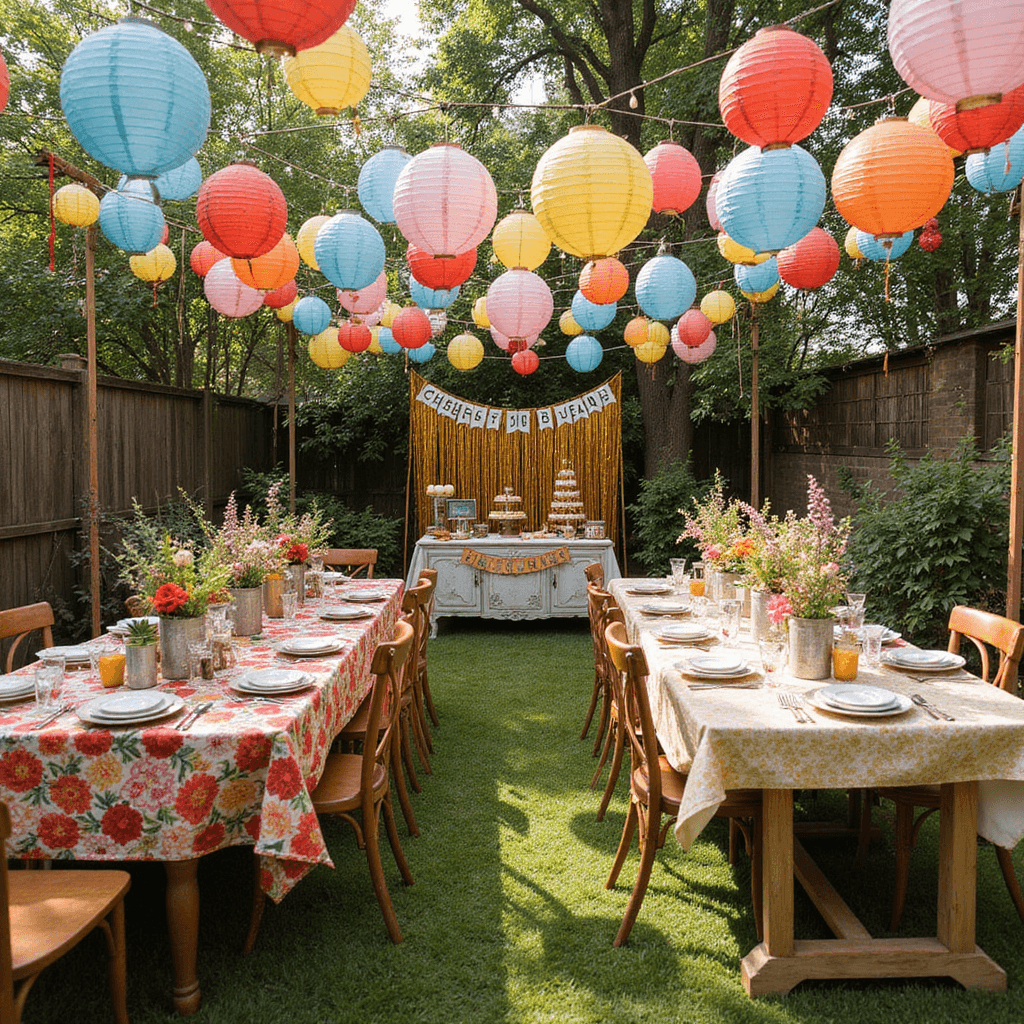 A vibrant backyard anniversary party decorated with colorful paper lanterns, mismatched vintage tables with floral tablecloths, wildflower centerpieces in gold-painted cans, a gold fringe photo booth, and a dessert table with a 'Cheers to 50 Years' banner and golden cupcakes.