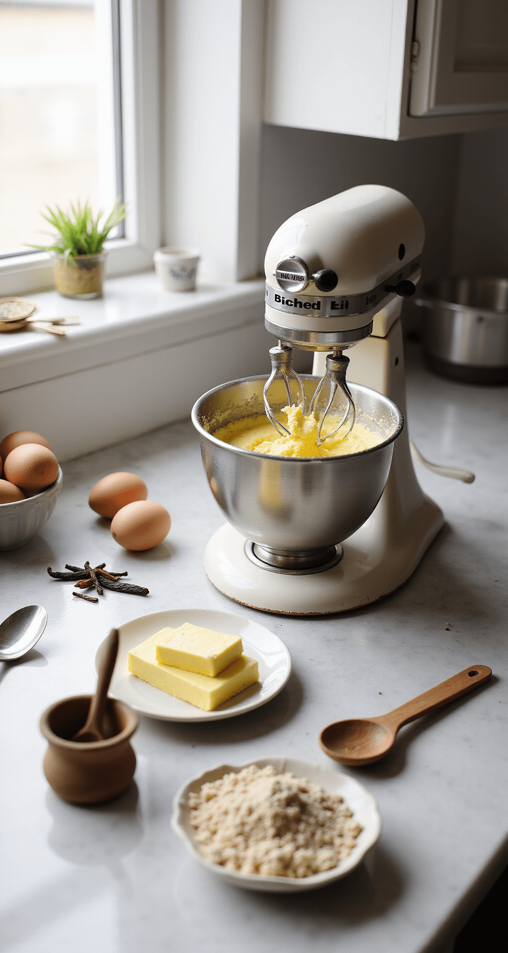 Close-up of a sunlit kitchen featuring a stand mixer creaming butter and sugar, surrounded by organic ingredients like eggs, vanilla pods, and flour in ceramic bowls, on a marble countertop with vintage measuring cups and wooden utensils.