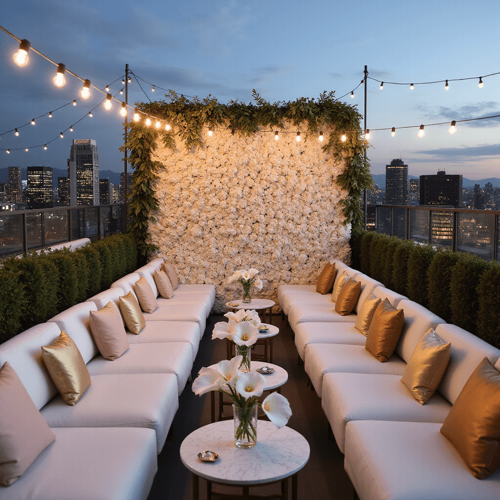 A chic rooftop celebration at twilight, featuring intimate white lounge furniture with blush pink and gold pillows, minimalist cocktail tables with giant calla lilies, a bar adorned with white orchid garlands, Edison bulb string lights overhead, and a stunning floral photo wall in gradient white to cream.