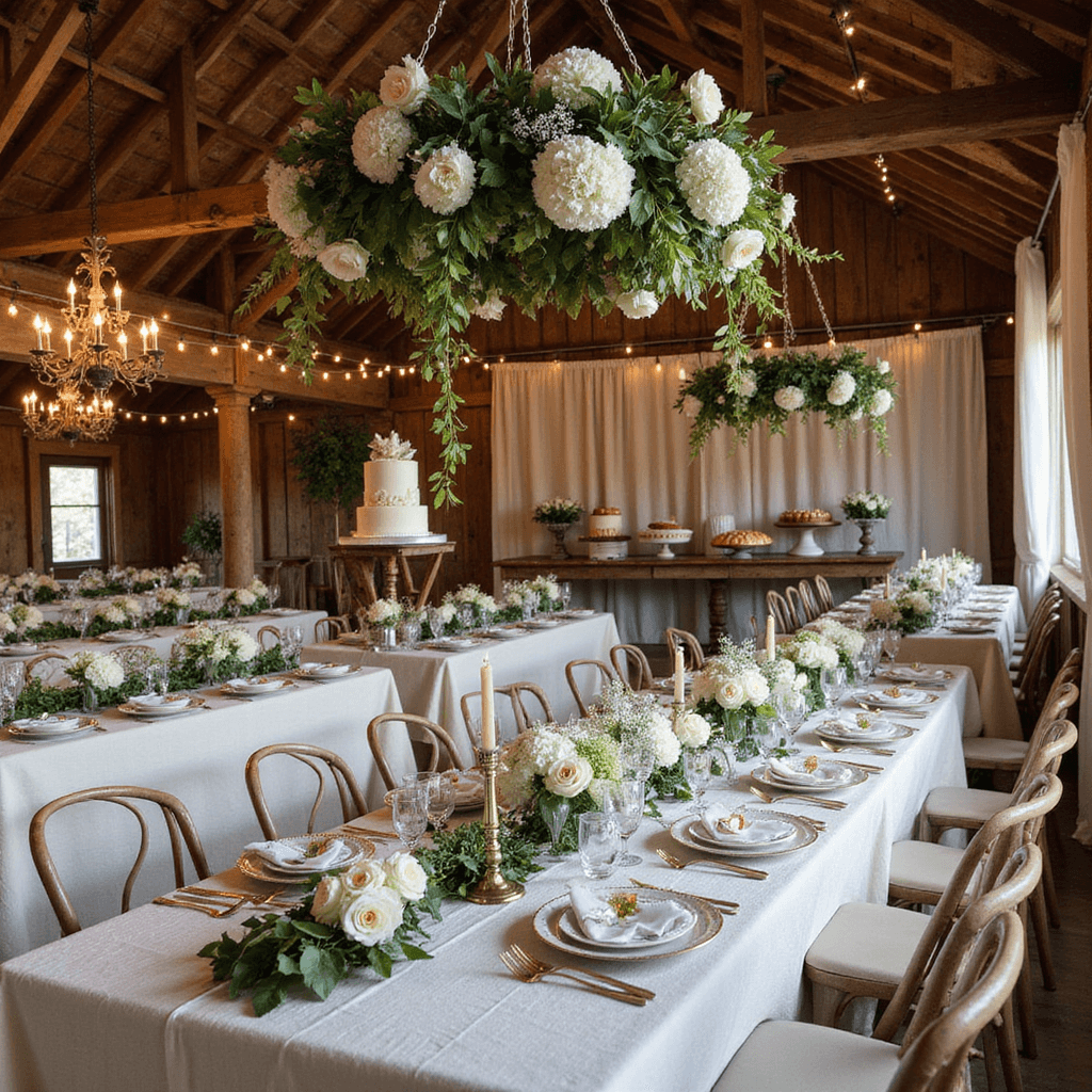Cozy autumn wedding dinner in a renovated barn with wooden beams, featuring long farmhouse tables draped in cream linens, floral centerpieces, mismatched vintage china, gold flatware, and crystal stemware, all under wrought iron chandeliers with white florals and candlelight, alongside a dessert display with a naked cake and rustic pastries.