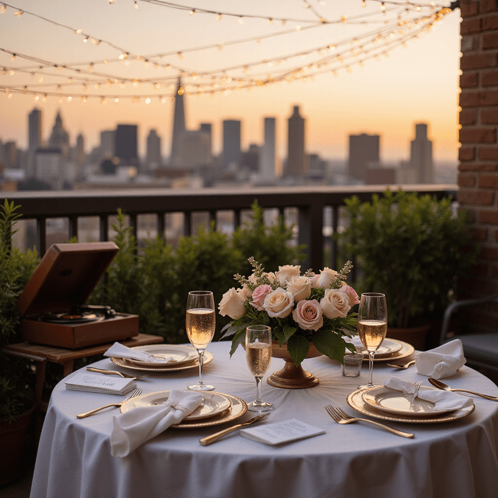A romantic rooftop terrace at golden hour, adorned with fairy lights and a beautifully set table for two featuring a white linen tablecloth, gold-rimmed place settings, a floral centerpiece, champagne flutes, personalized menu cards, and a backdrop of a city skyline.