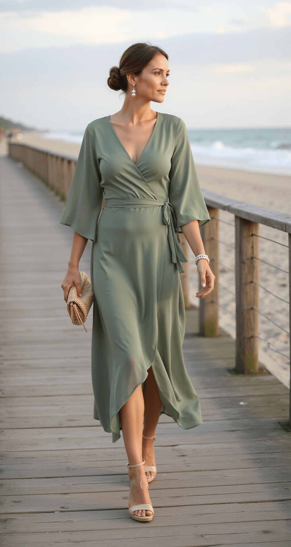 A female guest in a sage green chiffon wrap midi dress with flutter sleeves and asymmetrical hem walks along a wooden boardwalk, ocean backdrop in a late afternoon setting, wearing nude strappy sandals and pearl drop earrings, with her hair styled in an elegant low bun.