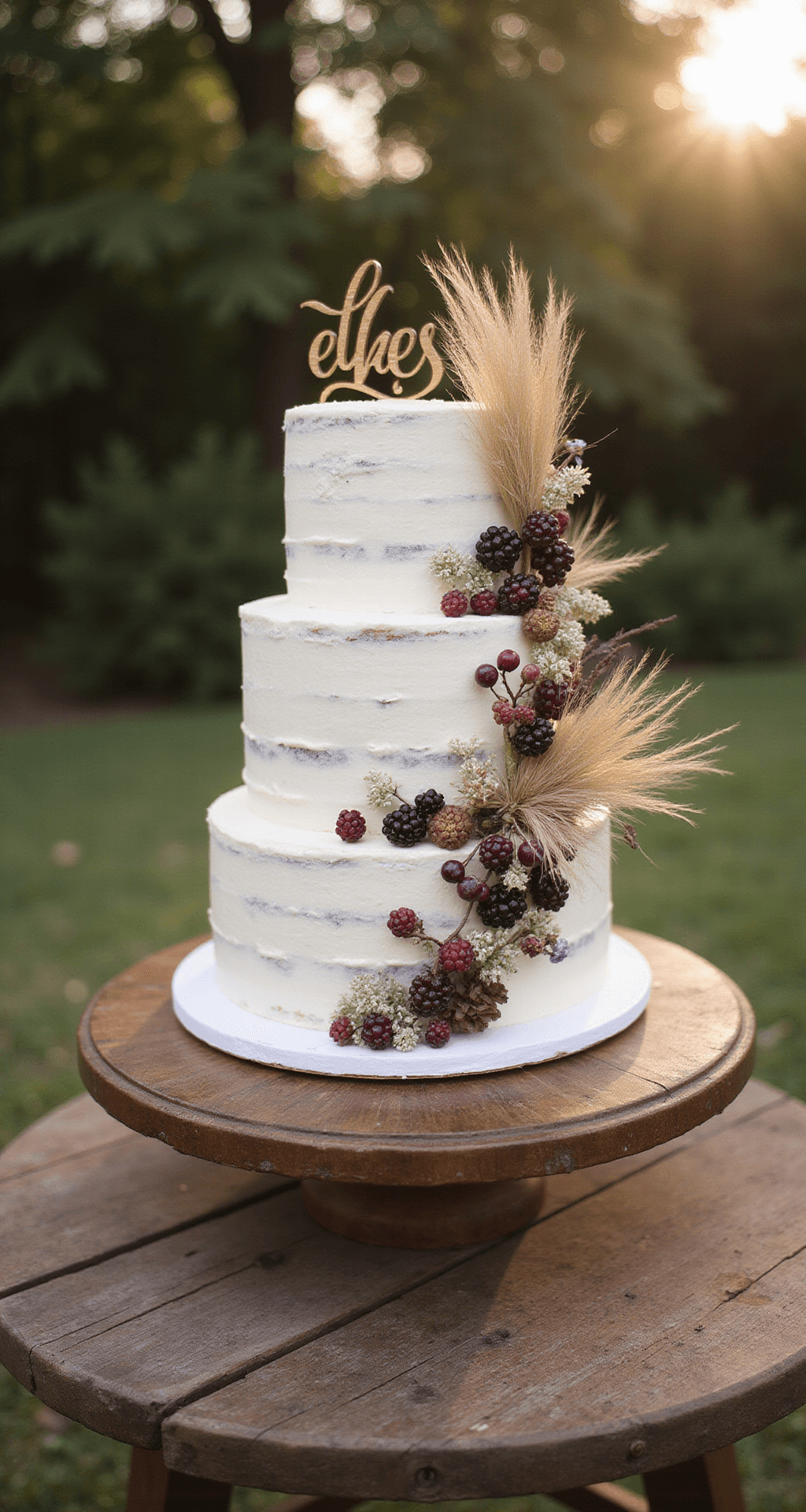 Three-tiered semi-naked wedding cake with cream cheese frosting, adorned with pampas grass, dried botanicals, gold leaf, and fresh berries, displayed on an antique wooden table in a garden setting during golden hour.