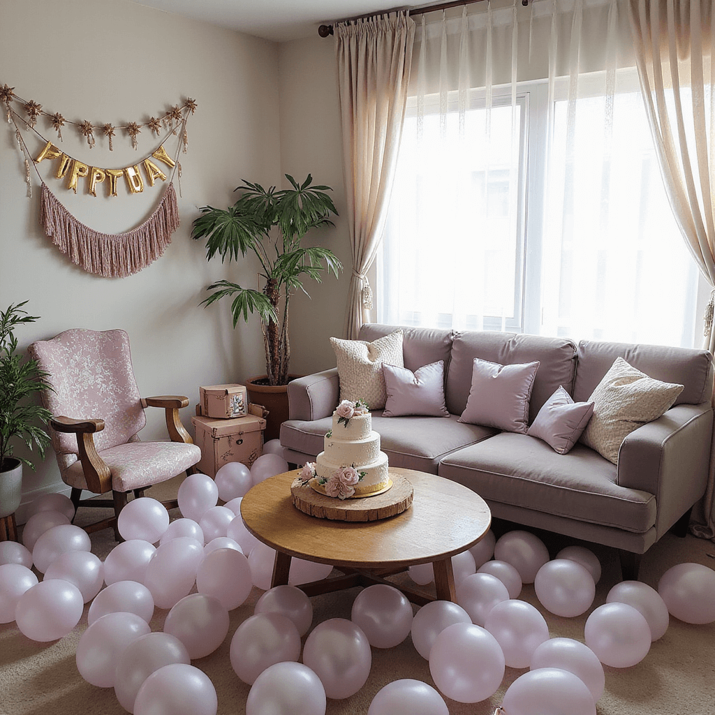 A cozy living room decorated for a surprise birthday celebration, filled with pastel balloons, a plush velvet sofa with silk throw pillows, a tiered birthday cake on the coffee table, elegantly wrapped gifts, handmade paper garlands, and a DIY photo booth area with props. Soft morning light streams through sheer curtains, creating a warm and inviting atmosphere.