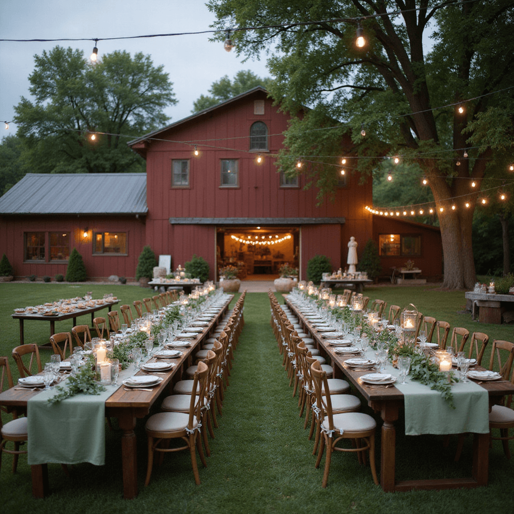 An enchanting garden party with rustic barn in the background, featuring string lights, sage green linens on long tables adorned with eucalyptus and wildflowers, mismatched vintage china, a dessert cart with pies and berries, and guests mingling on the lawn filled with lawn games and cozy seating areas.