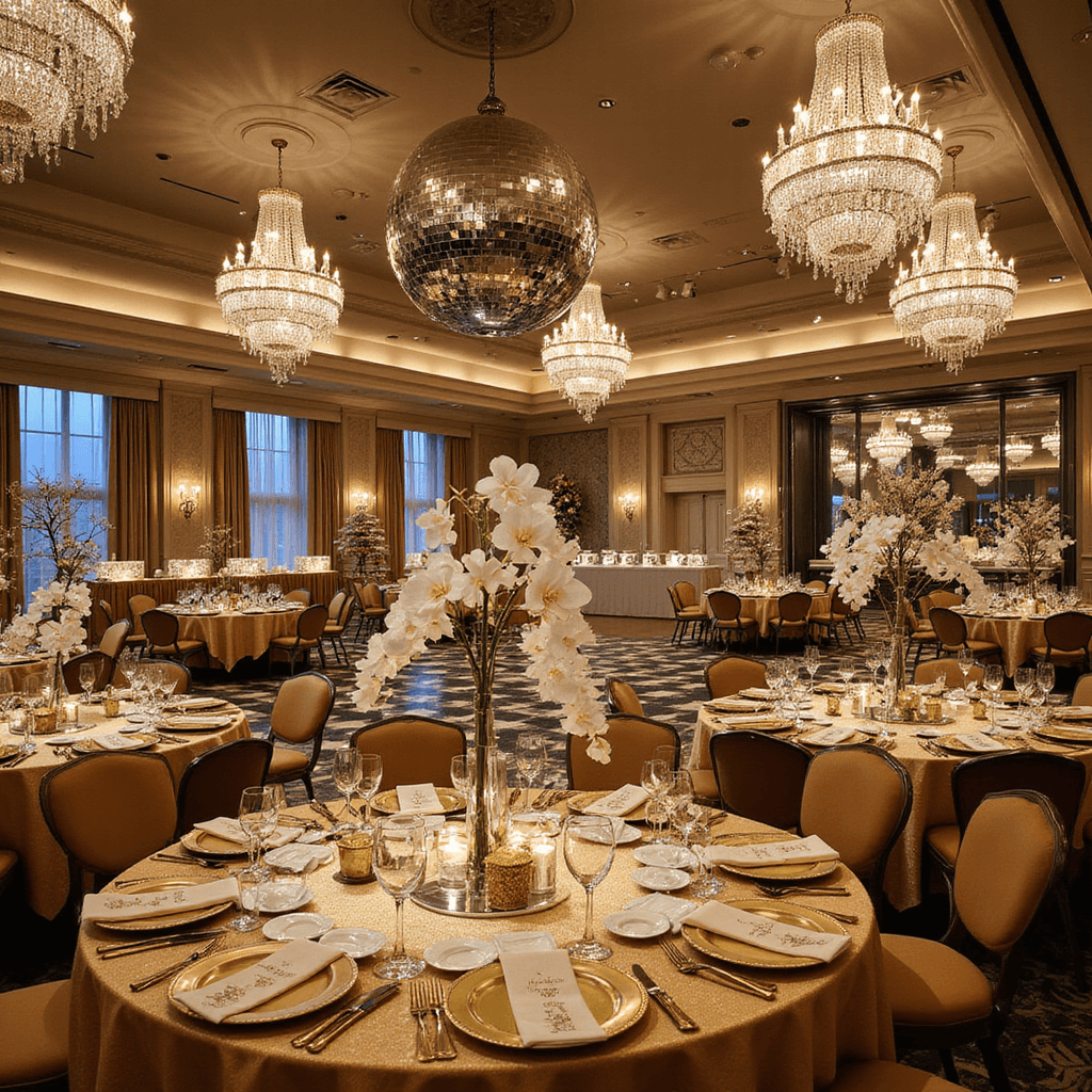 A lavish indoor ballroom set for a New Year's Eve gala, featuring crystal chandeliers, round tables with gold linens and white orchid centerpieces, elegant place settings, a gourmet buffet on marble stands, and a black and white checkered dance floor under a mirrored disco ball.