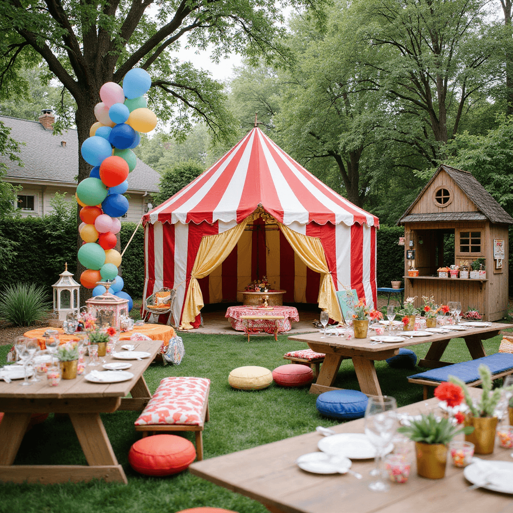 A vibrant children's birthday party in a stylish backyard featuring a balloon arch, a striped circus tent with low tables and floor cushions in bright colors, a custom-built treehouse, a lemonade stand, DIY decor, and a petting zoo corner with gentle farm animals.