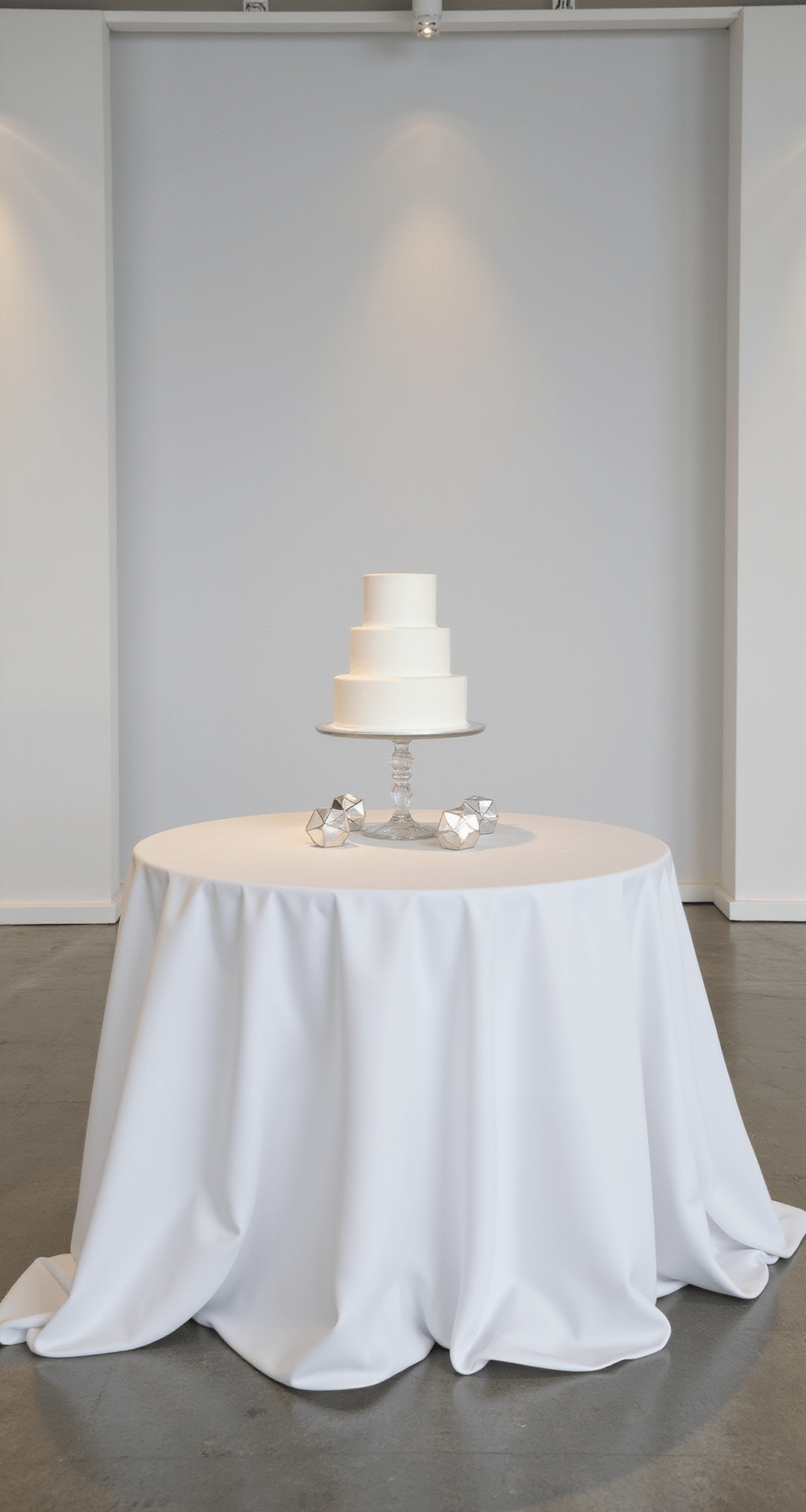 A modern wedding cake display featuring a three-tier white cake on a clear acrylic stand, surrounded by metallic accents, on a pristine white tablecloth. The scene is softly lit with LED spotlights against a textured white backdrop.