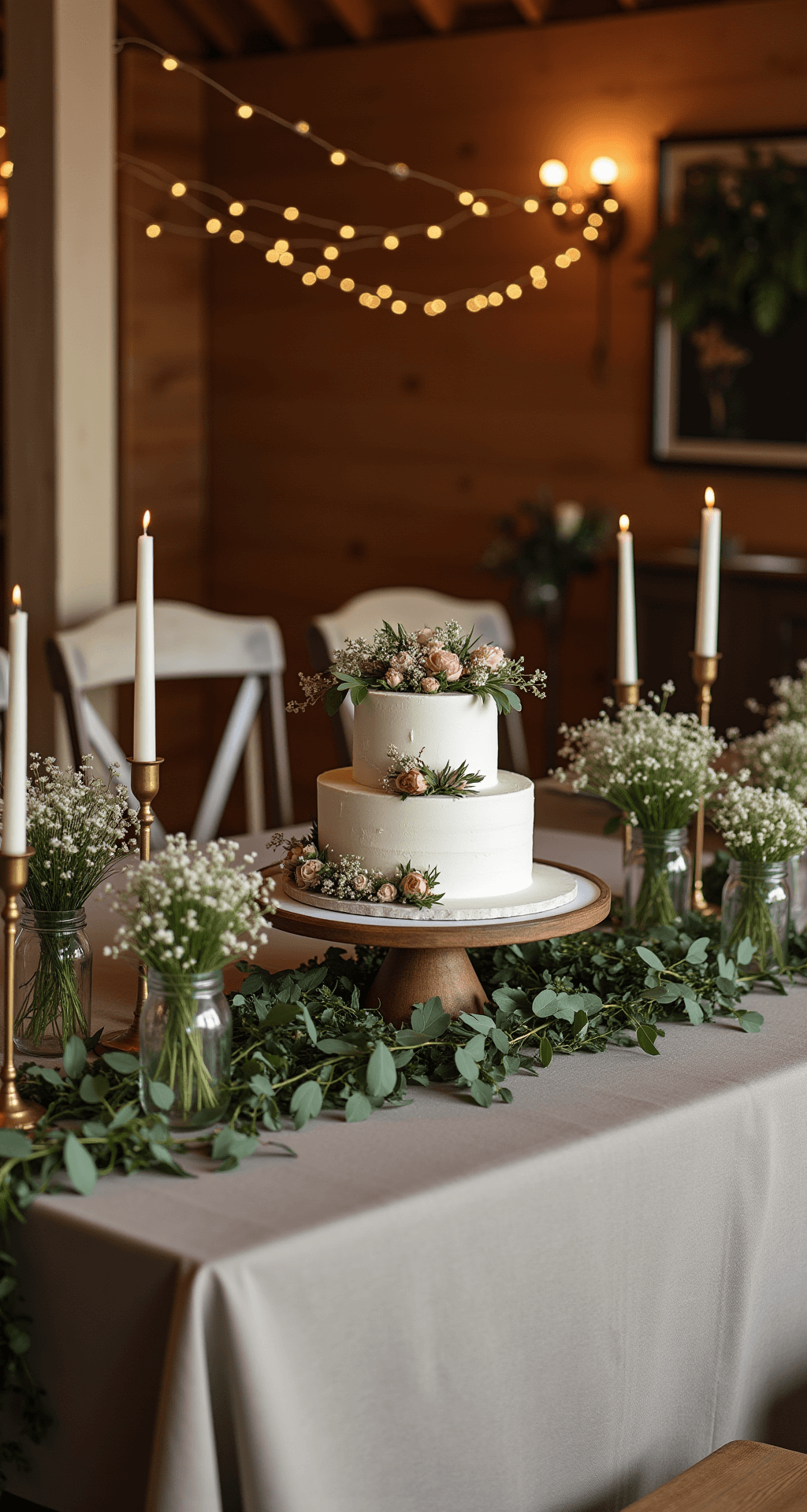 A rustic wedding cake display on a wooden farmhouse table, adorned with greenery, fresh flowers, and mason jars, illuminated by twinkle lights and vintage brass candlesticks.