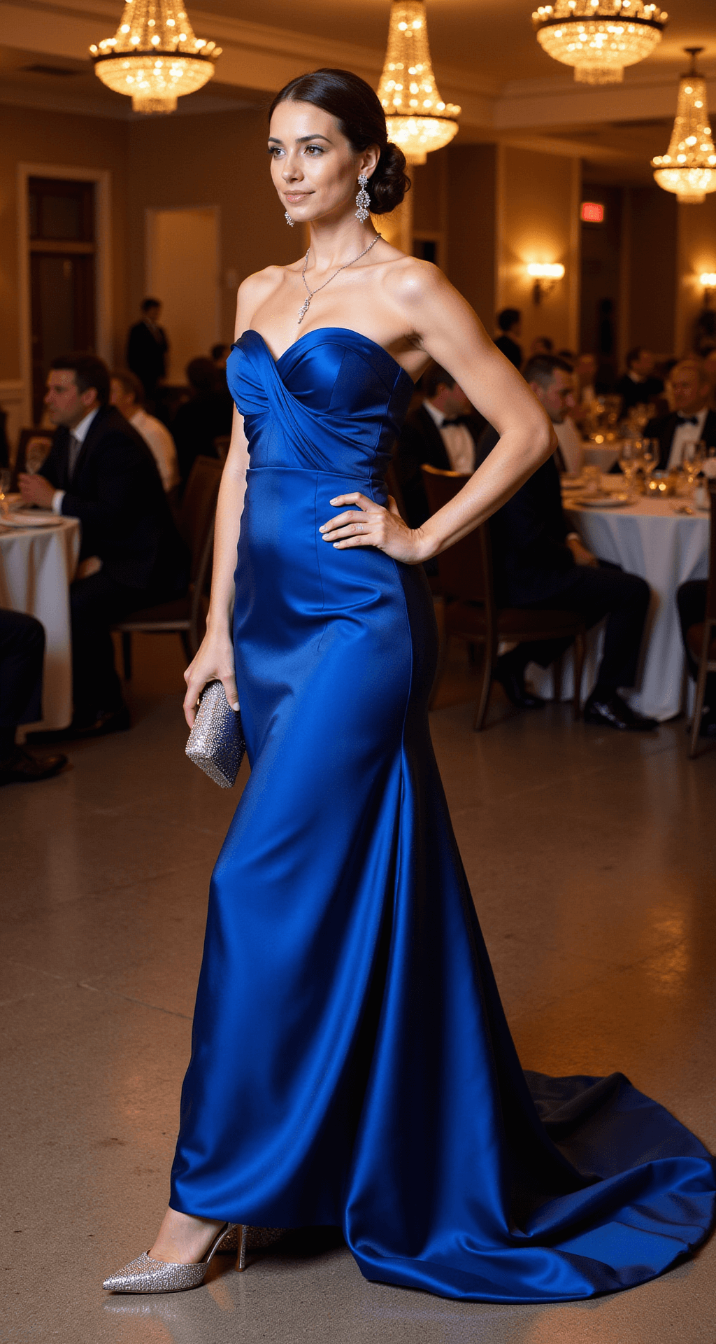 Full-length portrait of a guest in a luxurious floor-sweeping electric blue silk gown with elegant draping and a subtle train, accessorized with diamond drop earrings, metallic stilettos, and a beaded clutch, styled with a classic updo, set in an elegant ballroom with crystal chandeliers and warm ambient lighting.