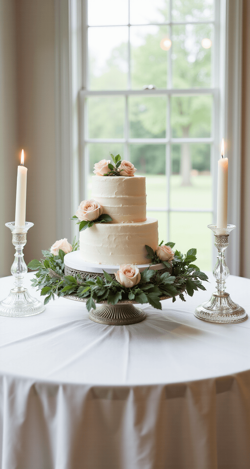 A beautifully arranged wedding cake table featuring a three-tier white cake on a silver stand, surrounded by blush roses and eucalyptus, set in soft natural light with crystal candleholders and metallic accents.