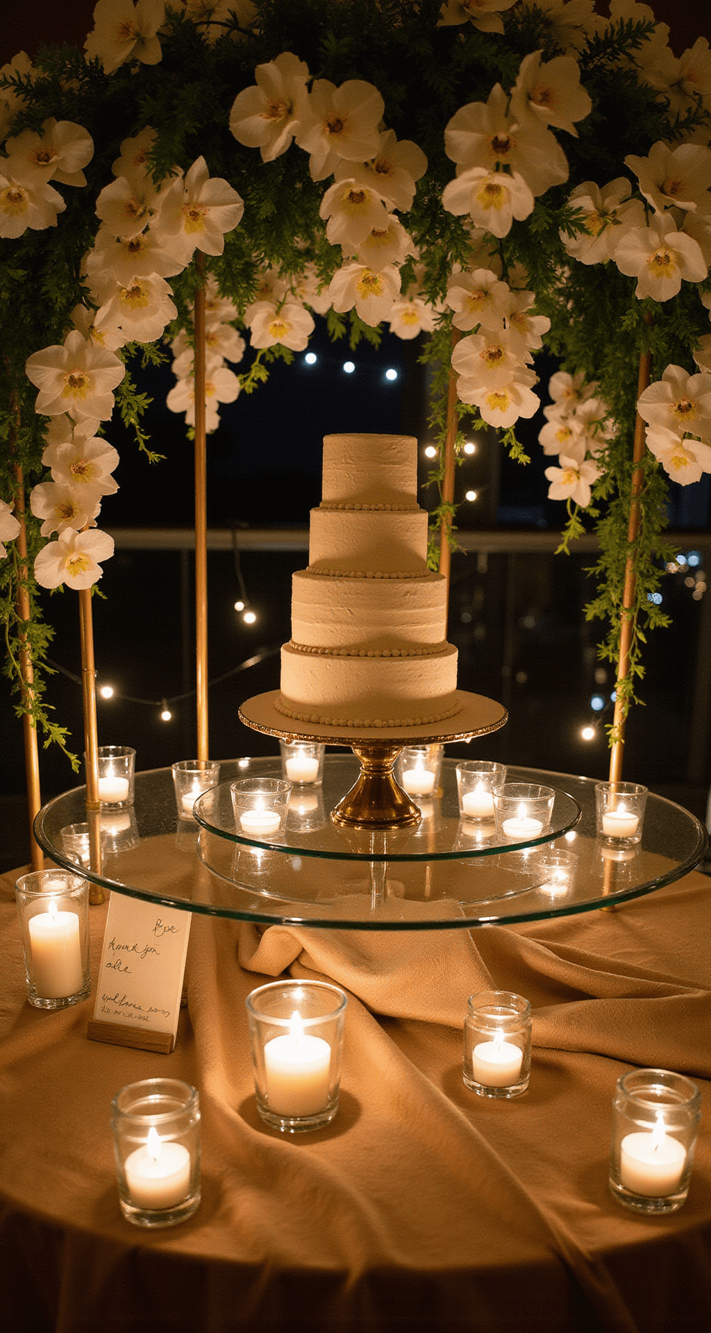 Wide-angle evening shot of a wedding reception centerpiece featuring a glowing floating-tier cake display framed by cascading white orchids, greenery, and twinkling mercury glass votives, with a custom-lettered welcome sign and champagne-colored runner, set against a bokeh background of string lights.