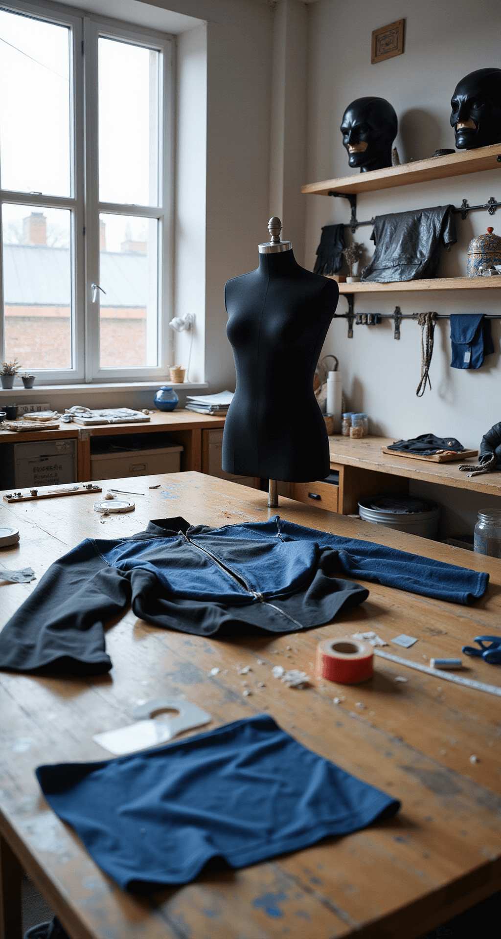 Your Ultimate Hero Costumes: From Basic to Epic A bright home studio workspace for DIY superhero costumes, featuring a wooden craft table with fabric swatches and sewing supplies, a sleek black bodysuit under construction with metallic blue accents, organized accessories on floating shelves, and a dress form displaying a half-finished costume, all bathed in natural light from large windows.