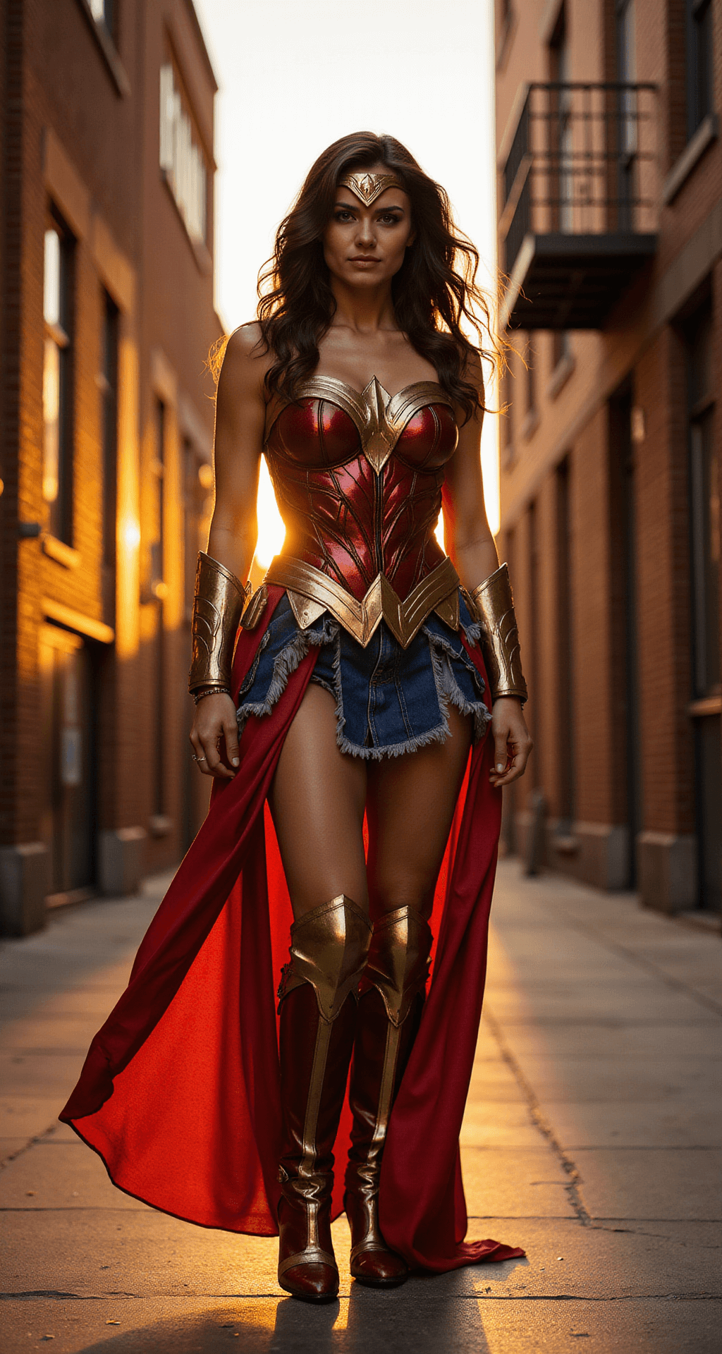 Your Ultimate Hero Costumes: From Basic to Epic A female cosplayer dressed as a modernized Wonder Woman stands in an urban alley during golden hour, showcasing intricate metallic armor and flowing red and gold fabric. The warm sunset light highlights the weathered details of her costume against the backdrop of industrial brick walls and fire escapes. The portrait shot captures the craftsmanship with a subtle depth of field.