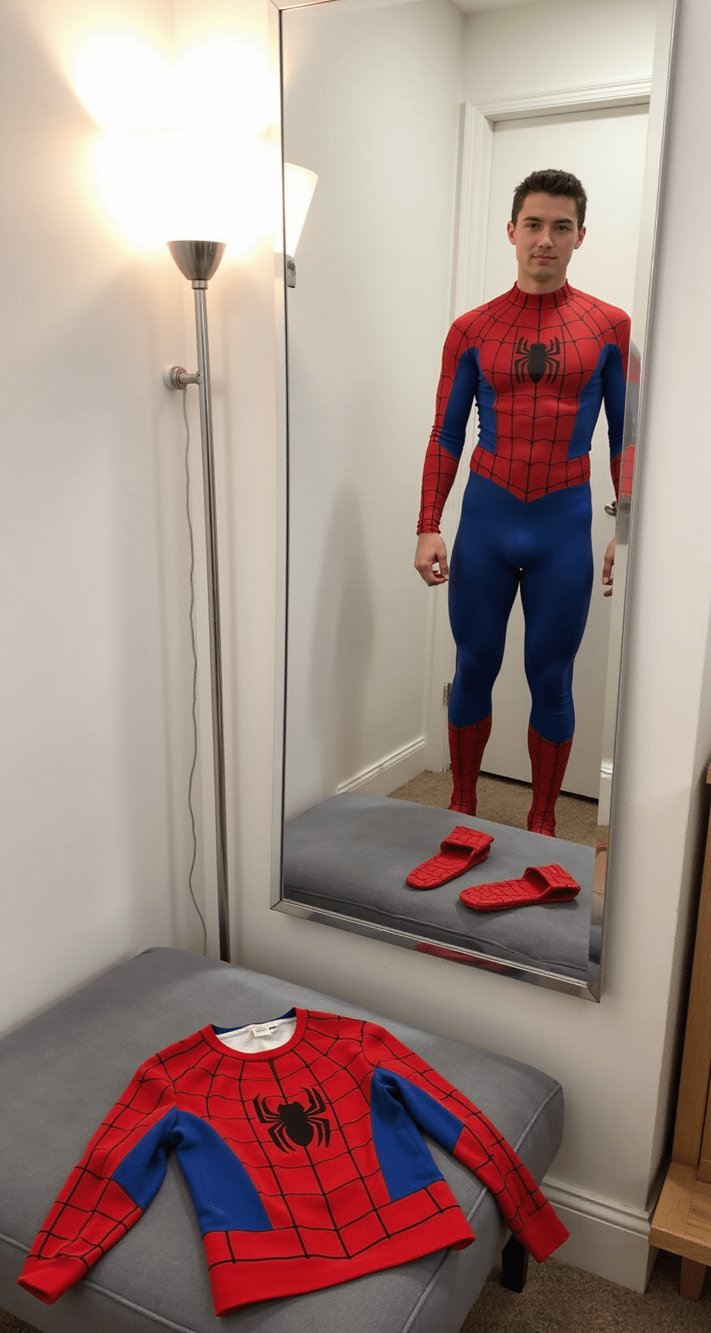 Your Ultimate Hero Costumes: From Basic to Epic A bright, minimalist dressing room featuring a budget-friendly Spider-Man costume transformation, with clean white walls and soft lamp lighting. A full-length mirror shows the before and after styling, accompanied by a well-fitted morphsuit, handmade web-shooters, and a DIY chest logo placed on a velvet ottoman.